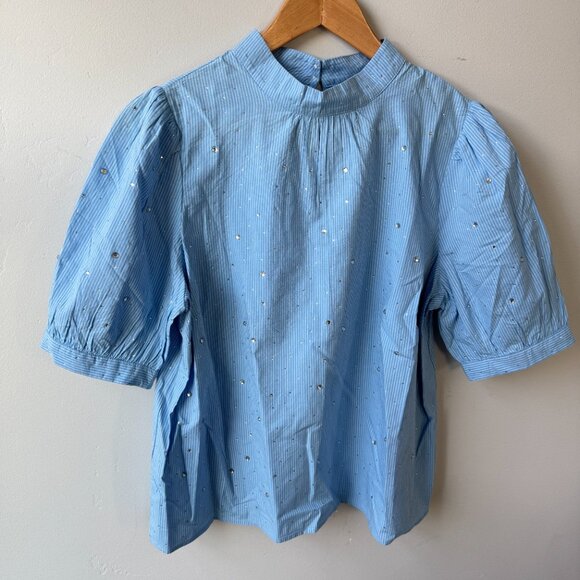 NWT Loft Blue White Striped Short Puff Sleeve Blouse Glitter Dots Cottagecore - Picture 2 of 15